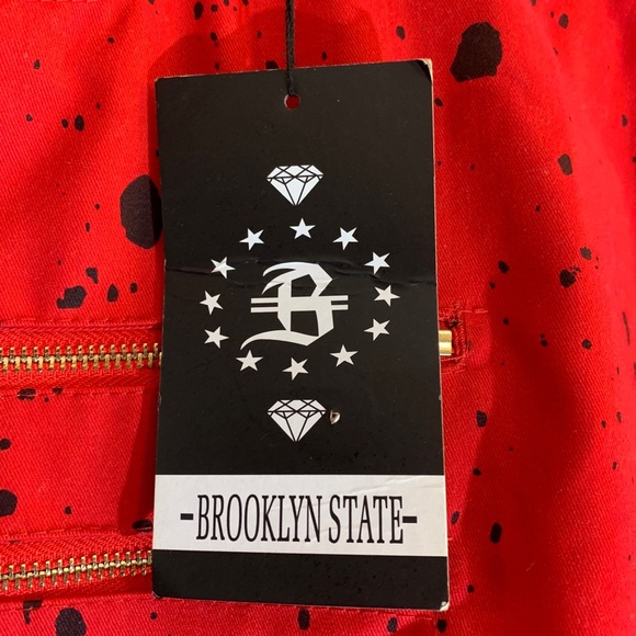 Brooklyn State Red w/Blk Splash Biker Zipper Stacked Slim Jeans Men's 5X 44X30+ - Picture 2 of 8